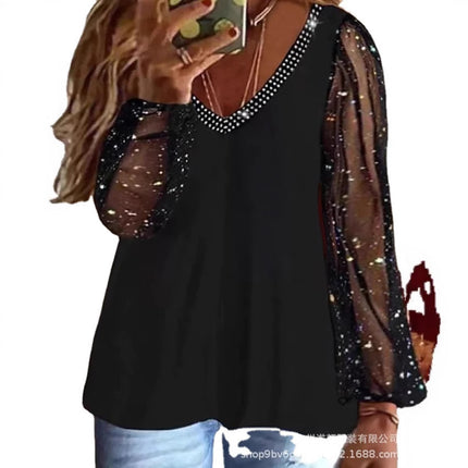 2025 Women's Tops Pure Sequin Tops Ruched Long Sleeve V Neck Casual Daily Vacation Polyester Autumn Mesh Sha