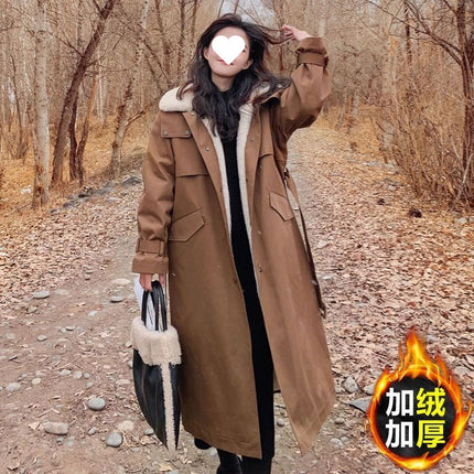 fleece-lined Thickened Coat Women's Mid-length Coat Style Pike Dress 2024 Winter New Loose Over-the-knee Cotton-padded Coat