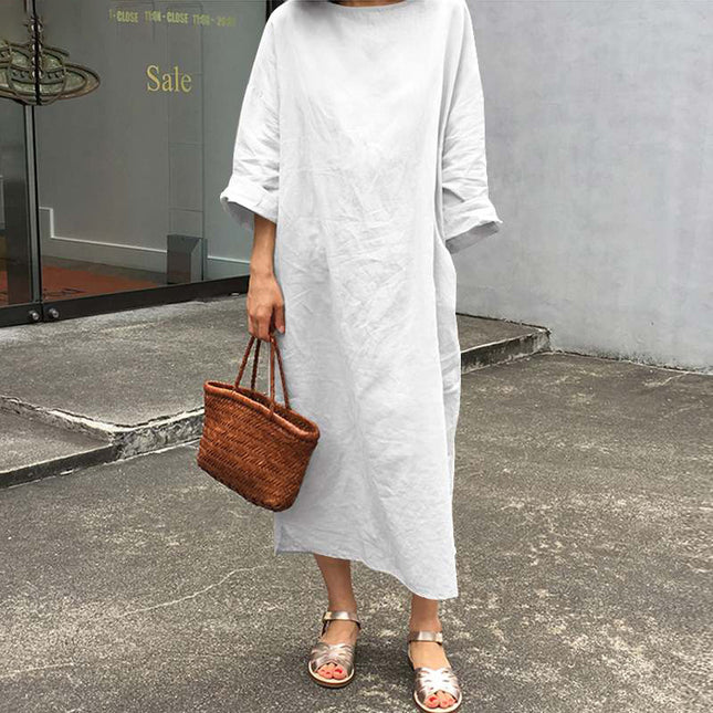 2022 Cross-border New Artistic Casual Women's Long Sleeve Round Neck Solid Color Dress Plus Size Dress for Autumn