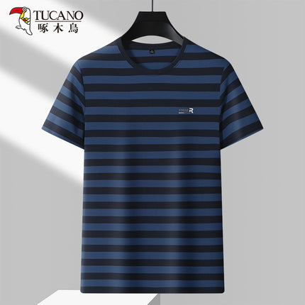 Woodpecker Men's Summer in stock Heavy Round Neck Shirt Striped Light Business Fit Casual Men's Top Simple