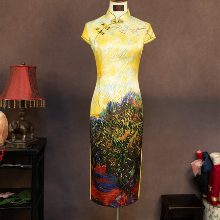 Hand-Painted Original Silk Cheongsam by Yan Yan, Olive Tree Makeup Photo Studio Custom Cheongsam