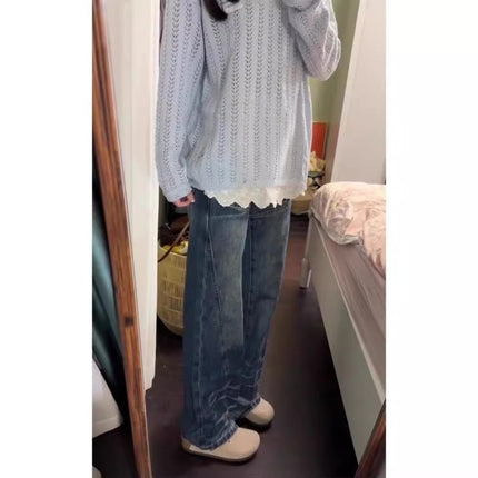 Design Sense Micro-lar Jeans Women's Fashion All-match New High Waist Slimming Loose Casual Straight Leg Wide Leg Long Pants