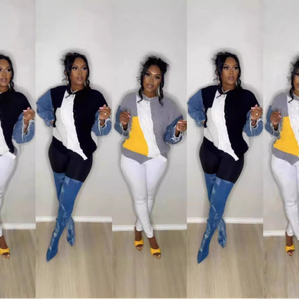 D8703 New Product Aliexpress Amazon European and American Fashion Loose Sweater Color Matching Jeans Sleeves in Stock