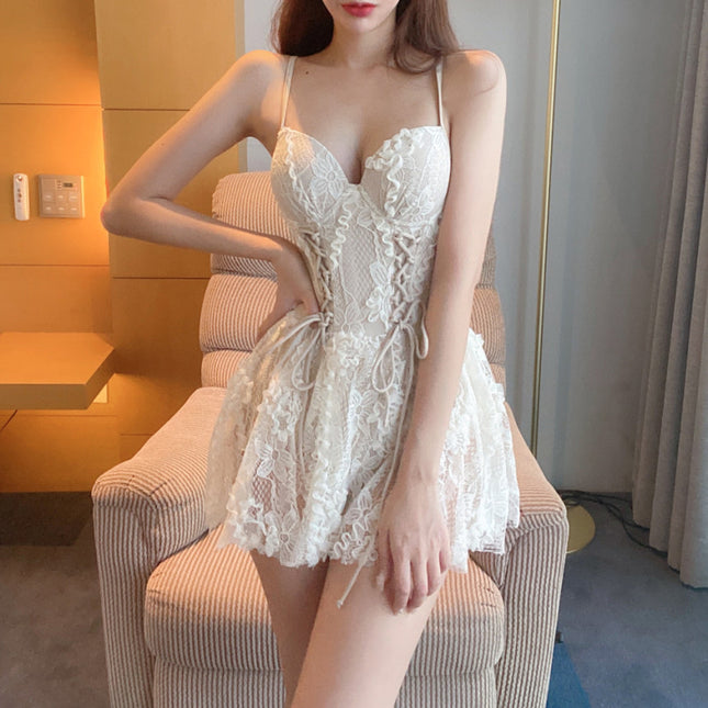 Cross-border Wholesale One-piece Swimsuit Women's Conservative Skirt Strap Backless ins Fairy Fan Sexy Lace Spa Swimsuit