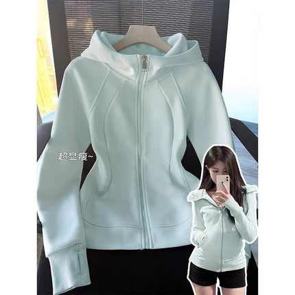 Women's Slim-Fit Fleece Hoodie Sports Fitness Cardigan Slimming Jacket Dopamine Korean Style Top Zipper Versatile Trendy