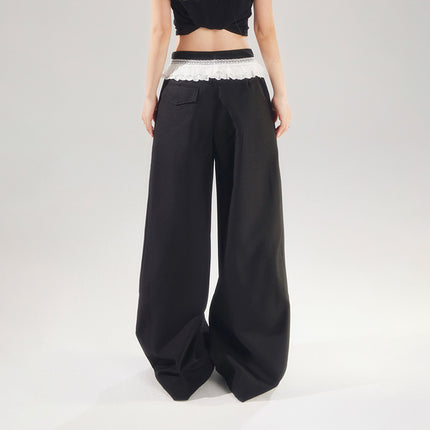 Raccoon House # American Retro High-Waisted Lace Splicing Wide-Leg Pants Versatile Drape Floor-Length Dress Pants Casual Pants for Women