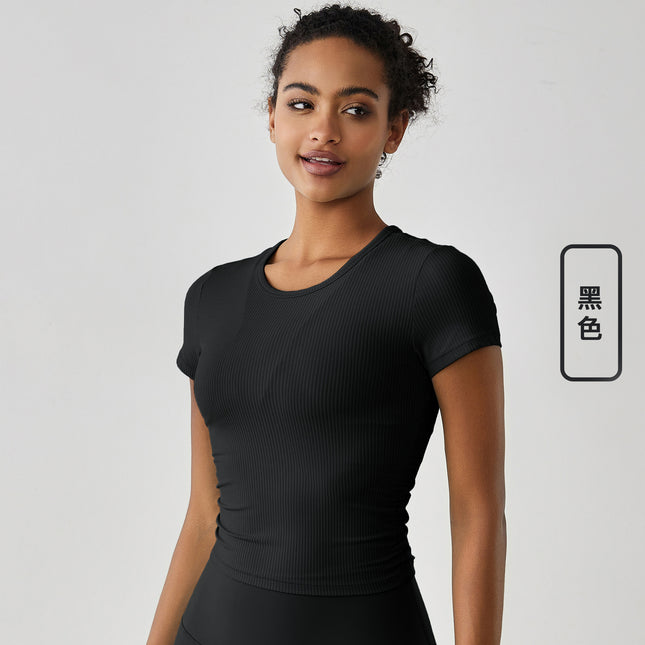 Outdoor Yoga Clothing Women's Spring and Summer Yoga Short-sleeved Running Fitness Clothing Rib Naked Pleated Slim-fit Sports T-shirt