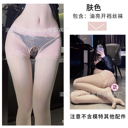 Fun Oil Shiny Silk Stockings Sexy Mesh Transparent Horse Oil Jumper Socks High Waist Hip Lifting Open Gear Free Socks for Hair