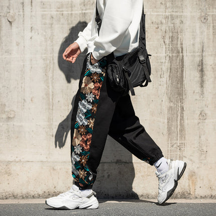 2025 Autumn and Winter New Loose Men's Japanese Retro Trendy Large Size Embroidered Color-Blocking Casual Pants Factory Direct Supply