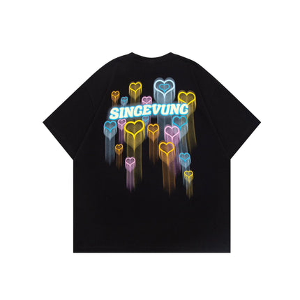 Vunc270G Star Spray-Painted Graffiti Print T-Shirt for Men and Women, National Trendy Brand Foam Couple Short-Sleeve Tee, Casual and Versatile