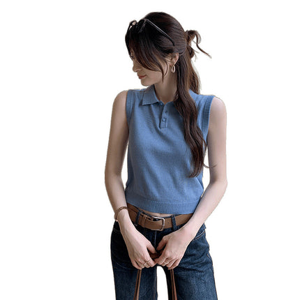 European Unique and Unique Design Sleeveless Slim Knitted Knitwear for Women 2025 Summer New Style Lapel Top