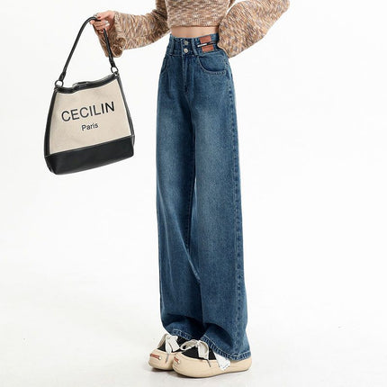 Women's Versatile Retro Blue Floor-Length High-Waisted Straight-Leg Jeans 2025 Stylish Drapey Wide-Leg Pants Slimming Trendy