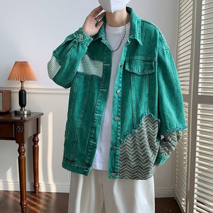 Green Denim Jacket Men's Autumn 2024 New American Style Patchwork Design Sense Niche Loose Jacket Top