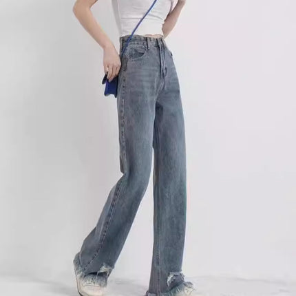 European and American Ripped Tassel High Waist Jeans Women's 2024 Summer New Niche Design Sense Straight-leg Loose Mop Pants