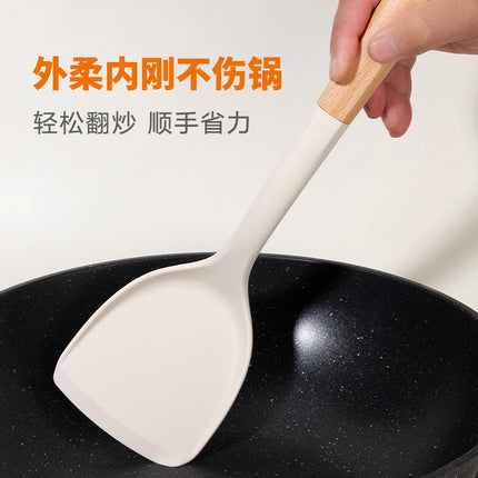 Wooden Handle Silicone Kitchen Utensil Set, Non-Stick Pan, Silicone Spatula, Soup Spoon, High Temperature Resistant Silicone Cooking Spatula, Daily Kitchen Utensils