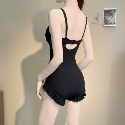 Black One-Piece Long-Sleeved Swimsuit for Women, Slimming Look and Belly-Covering, Sexy Internet Celebrity, Pure Lusty Girl, Seaside Vacation, Hot Spring Bathing