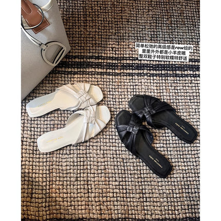 in stock and fast delivery! Su Yinyin Same Shoes Square Head Wrinkled Flat Casual Beach Slippers Women's Outer Wear Sandals