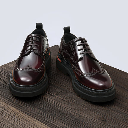 Men's Glossy Leather Shoes, Genuine Leather, 2026 New Model, British Style, Brogue Carved Design, Business Casual, Thick-Soled, Height-Increasing Men's Shoes