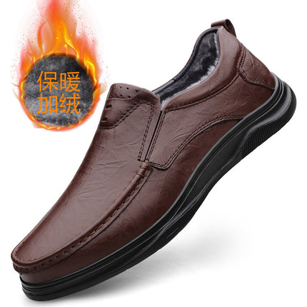 Men's Business Leather Shoes, First-Layer Cowhide, Comfortable Slip-On Soft Leather, Velvet, Thickened Warm Cotton Shoes, Middle-Aged Leather Shoes