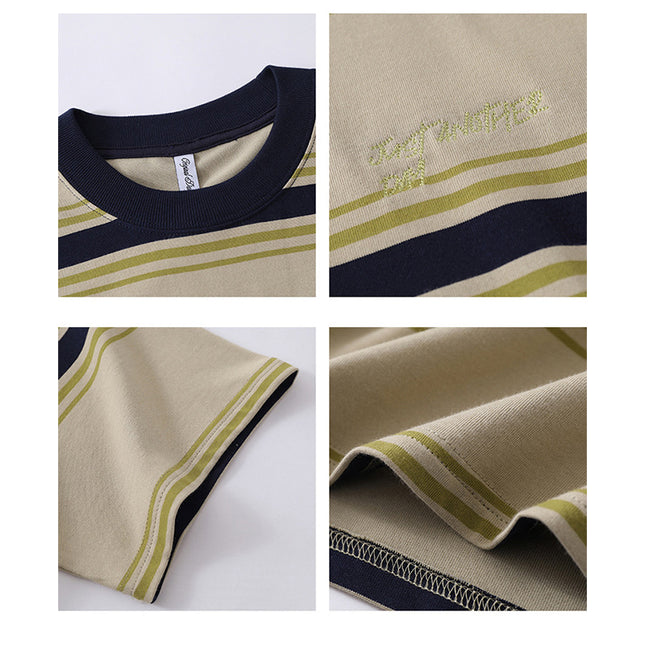 Danbaoni | Japanese-Style Heavyweight Color-Block Striped Crew Neck T-Shirt for Men, New Summer Vintage Loose Fit Drop Shoulder Short Sleeve