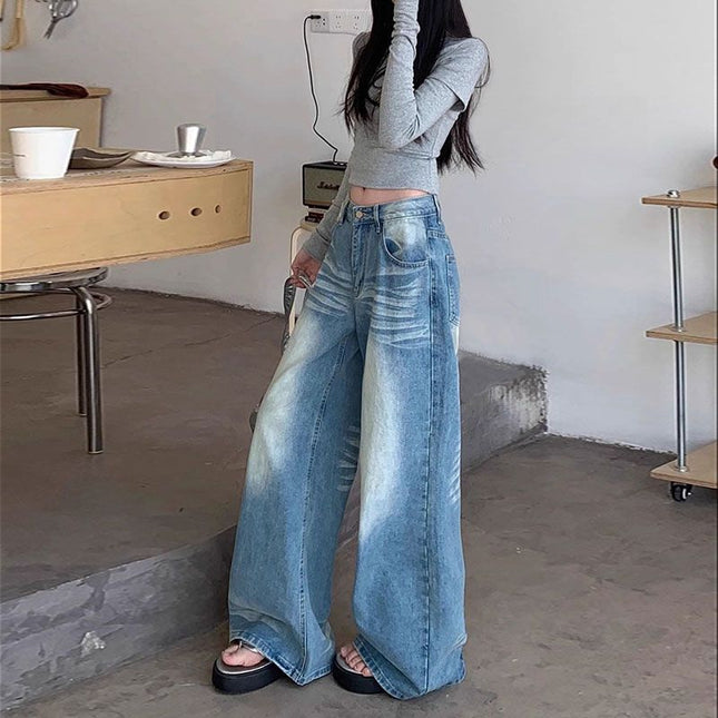 Summer 2025 Washed Vintage Distressed Blue Jeans for Women, High-Waisted Versatile Wide-Leg Pants, Floor-Length Pants