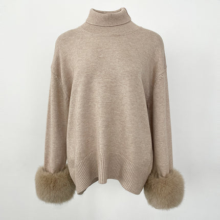 Women's Sweater Amazon Aliexpress Hot-Selling Autumn and Winter New Style Real Fox Fur Cuffs Loose High-Neck Knit Sweater for Women