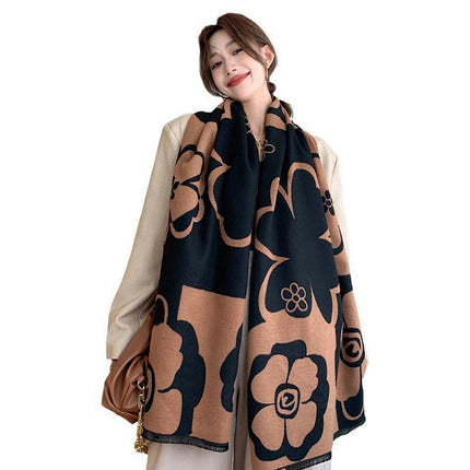 Elegant and Luxurious Versatile Double-Sided Winter Thickened Scarf Neck Warmer for Women, Bohemian Faux Cashmere Long Shawl