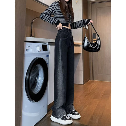 plus size Black Grey Wide Leg Jeans Women's Trendy All-match Stitching Contrast Color High Waist Dosing Narrow Straight Long Pants