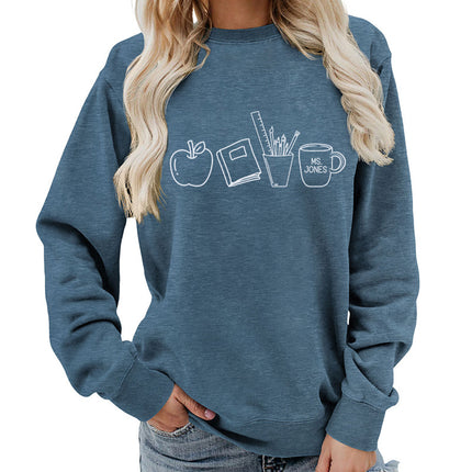Apple Books Tea Cup Pencil Printing Crewneck Women's Top Sweatshirt Foreign Trade Supply Autumn and Winter Coat Casual Loose