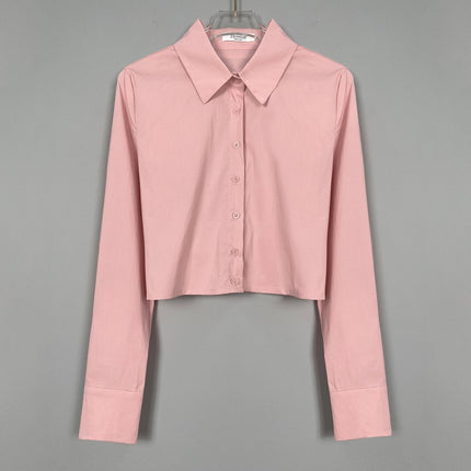 South Korea Dongdaemun New Slim-fit Slimming Sexy Spice Girl Figure Short Exposure Waist Long Sleeve Shirt Top for Women
