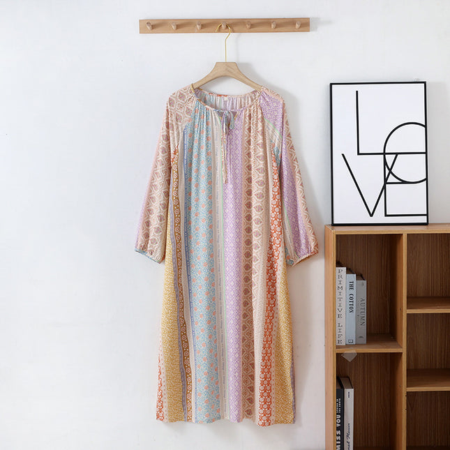 Cotton Silk Nightgown for Women, All-Cotton Summer Long-Sleeved Bohemian Style Long Dress Pajamas, Large Size Loose-Fitting Loungewear That Can Be Worn Outside