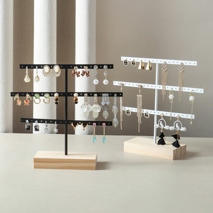 Solid Wood Iron Earrings Display Rack Golden Vertical Three-Layer 52 Hole Golden Earrings Storage Rack Earrings Display Rack