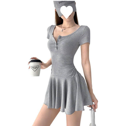 Pure Desire Waist Pleated Skirt Short Sleeve Dress High Waist Bottoming Shorts Two-Piece Set