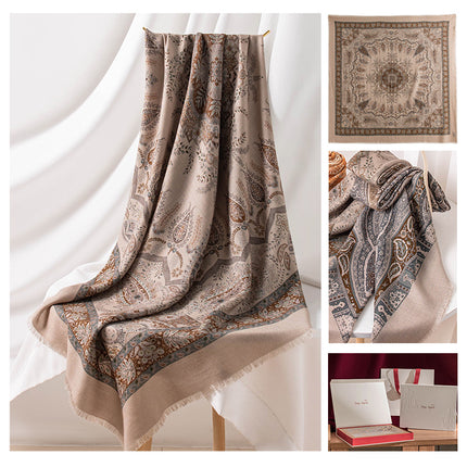 New Style Women's Silk Wool Scarf, Retro Printed Square Scarf, Sun Protection and Warm Neck Scarf, Dual-Use Decorative Scarf