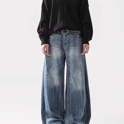 American High Street Vibe Lightning Crack Blue Jeans for Men and Women Trendy Straight Wide-Leg Pants Cross-Border Hot Style