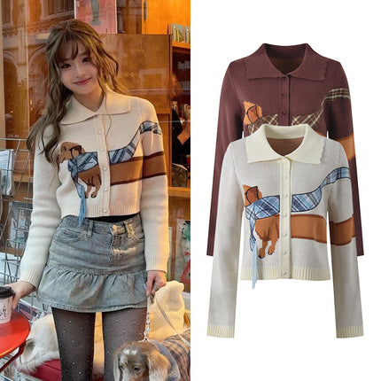 2025 New Autum Fashion Versatile and Fun Dog Embroidered Lapel Long-Sleeved Loose Knitted Cardigan Top