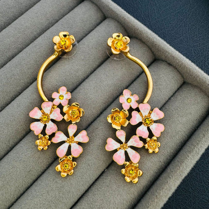 Oscar European and American Style Long Retro Old Flower Enamel Earrings High-End Niche Design Asymmetric Earrings