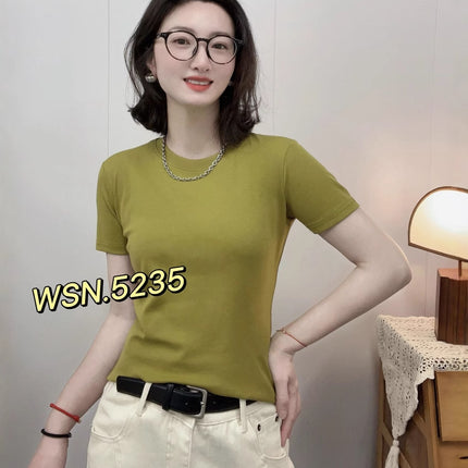 2025 summer new casual round neck solid color pullover short sleeve T-shirt women's top 5235