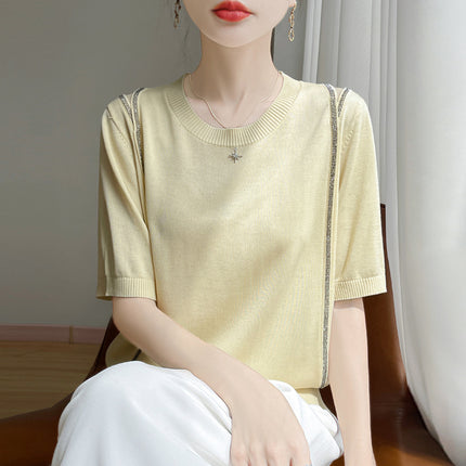 Breathable Tencel 26 New Summer Women's Round Neck Short Fashion T-Shirt Thin Base Shirt with Rhinestones Short Sleeve Top