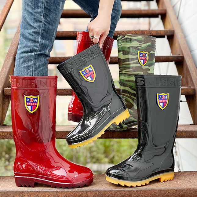 Black Men's High-Top Rain Boots for Spring & Fall Rainy Days, Waterproof and Non-Slip All-In-One Men's Water Shoes, Construction Men's Labor Protection Rubber Shoes