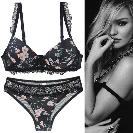 2023 new girls printed sexy lace bra set gathered up women's underwear set bra wholesale