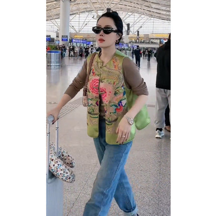 Petite New Chinese Style Retro National Style Old Money Tang Suit Green Button Vest 2024 Early Spring New Women's Clothing