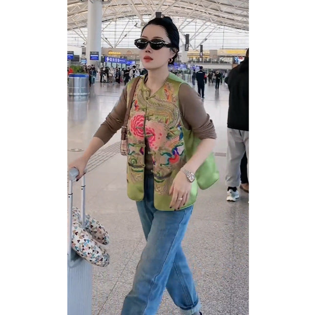 Petite New Chinese Style Retro National Style Old Money Tang Suit Green Button Vest 2024 Early Spring New Women's Clothing