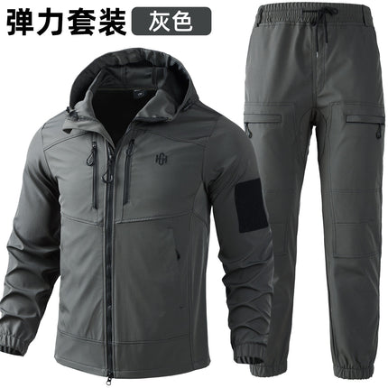 Outdoor assault clothing overalls suit men's spring and autumn elastic tooling labor protection clothing wear-resistant camouflage clothing hooded training clothing