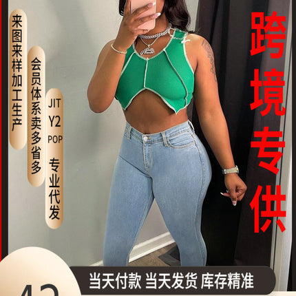 Guangzhou Supply Tiktok Pop In-Stock Plus-Size Women's High-Stretch Zippered Mid-Waist Skinny Jeans