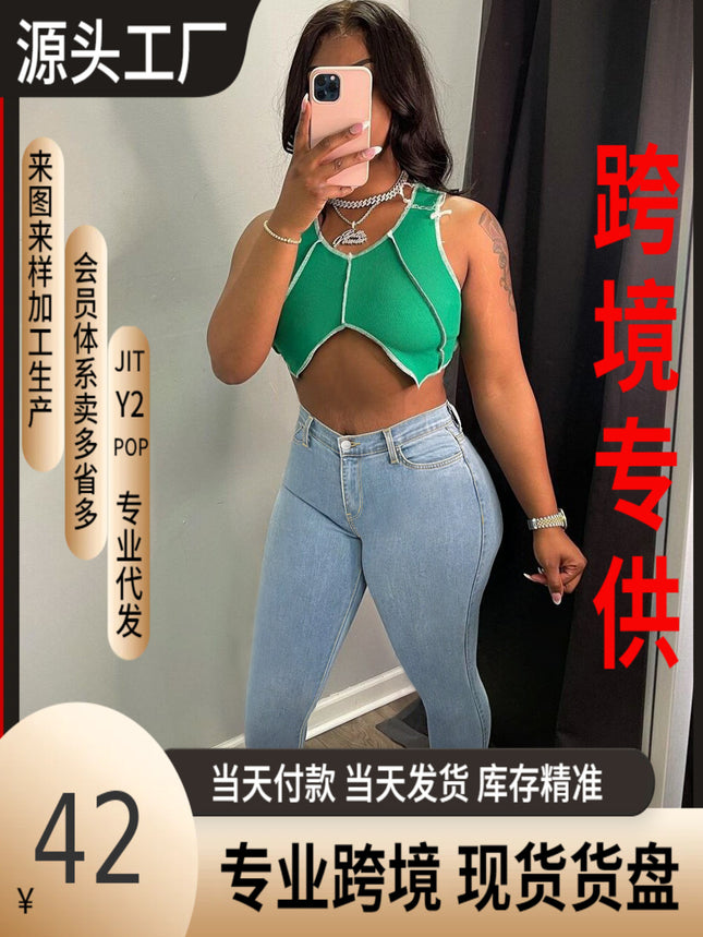 Guangzhou Supply Tiktok Pop In-Stock Plus-Size Women's High-Stretch Zippered Mid-Waist Skinny Jeans