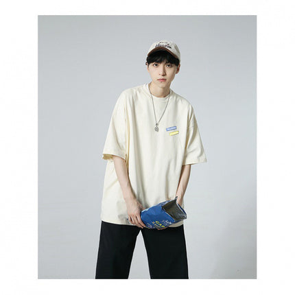 Trendy Autumn Men's Short-Sleeve T-Shirt, Pure Cotton, Round Neck, Plus Size, Loose Fit, Navy Blue