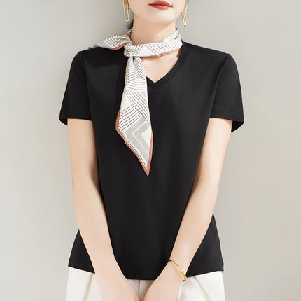 100 mercerized cotton short-sleeved T-shirt women's 2025 summer new V-neck cotton pullover vest cool feeling ice silk base