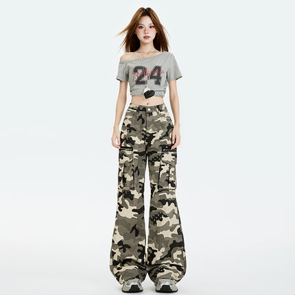 American Retro Multi-Pocket Camouflage High-Waisted Flared Cargo Pants for Women, Summer New Loose Slimming Floor-Length Casual Pants