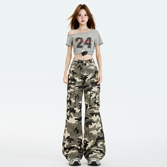 American Retro Multi-Pocket Camouflage High-Waisted Flared Cargo Pants for Women, Summer New Loose Slimming Floor-Length Casual Pants